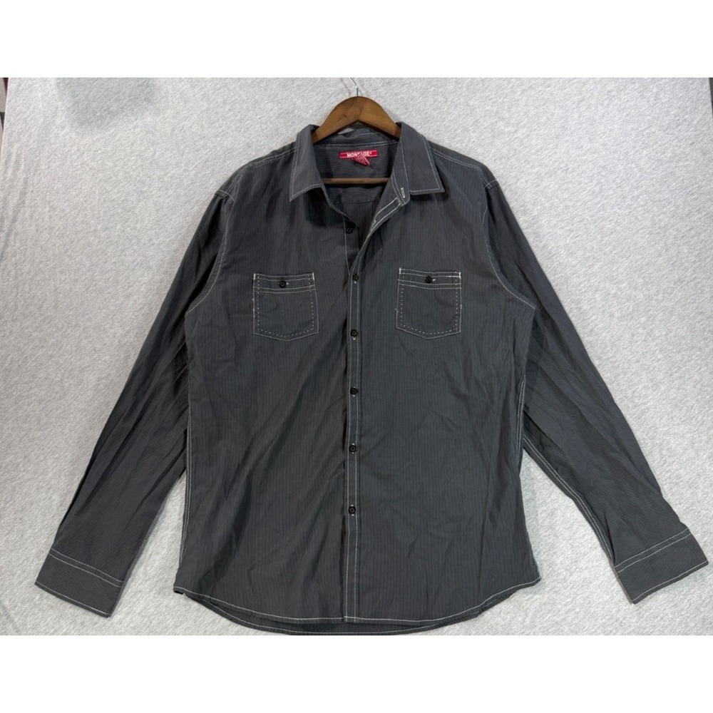 Montage Work Shirt Mens XL Gray Pinstripe Contrast Stitching Collared Button Up